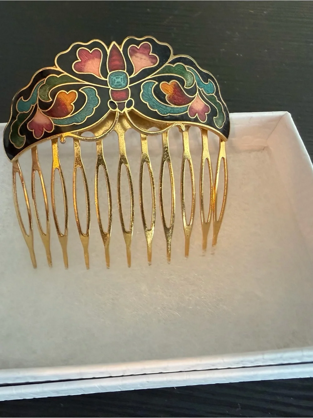 Vintage Cloisonné Gold tone butterfly Enamel Hair Comb